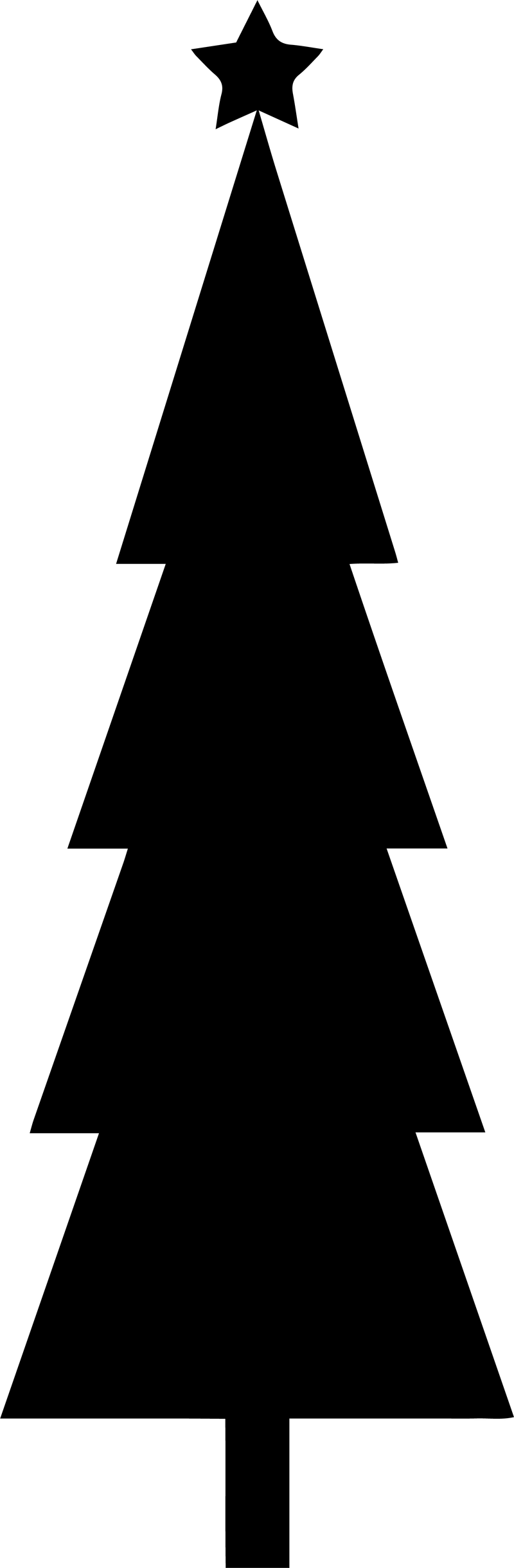 Black silhouette of a tall slim Christmas tree with a star