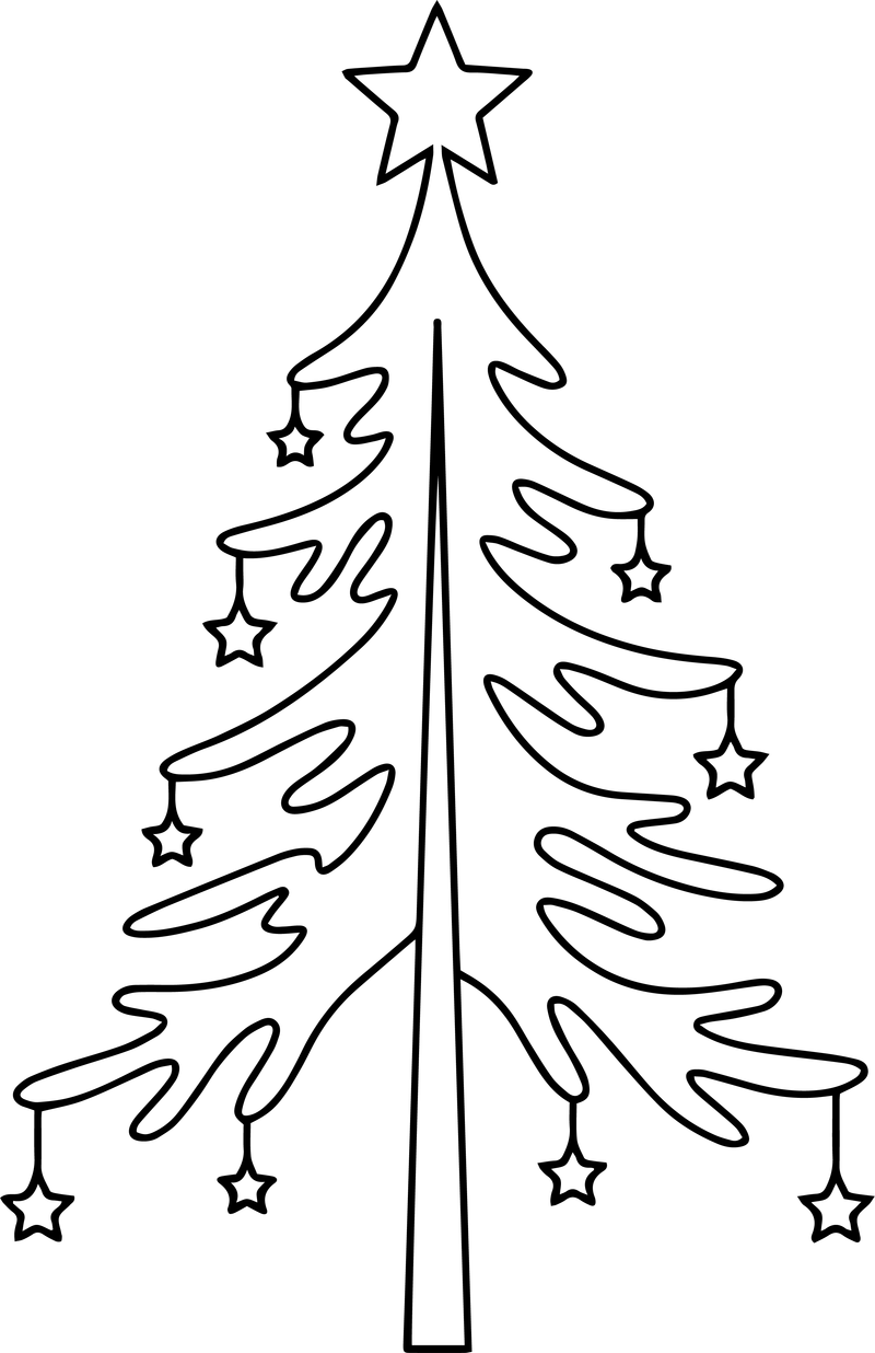 Line art of a slim Christmas tree with curving branches and hanging stars