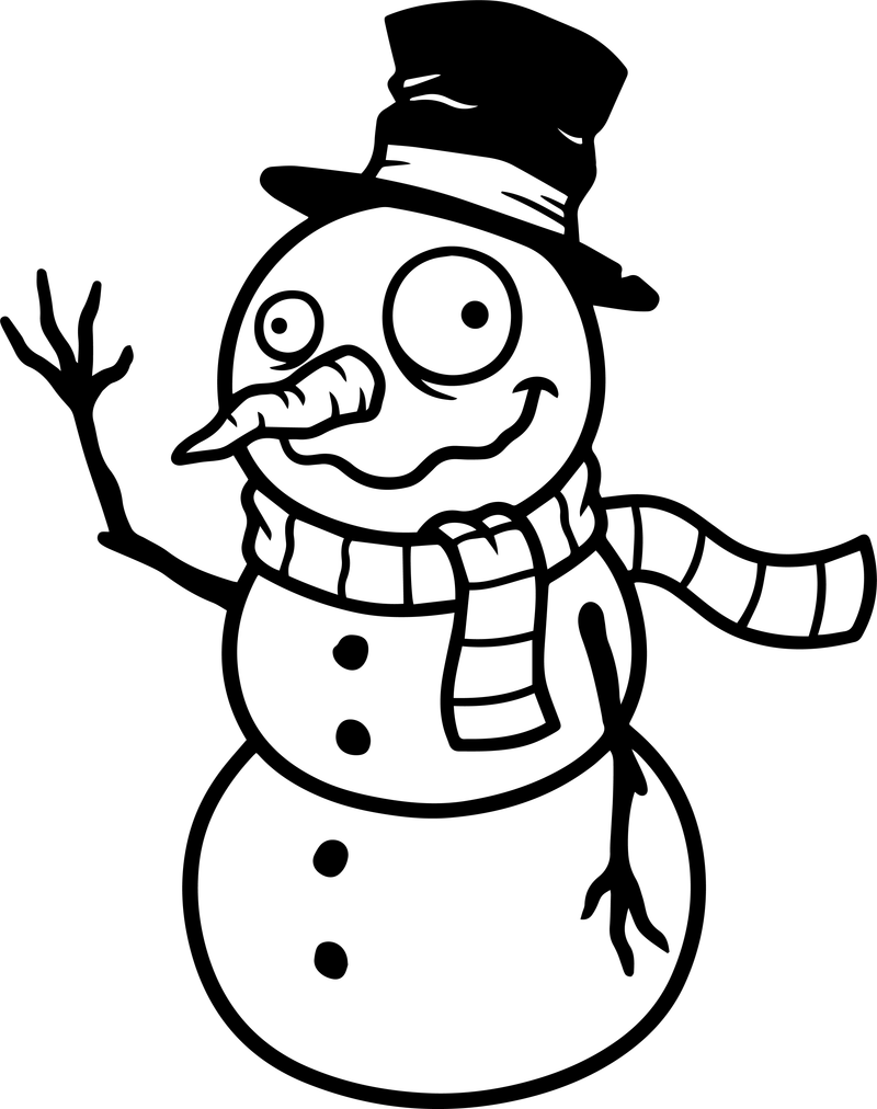 Line art of a smiling snowman with a black top hat and a striped scarf