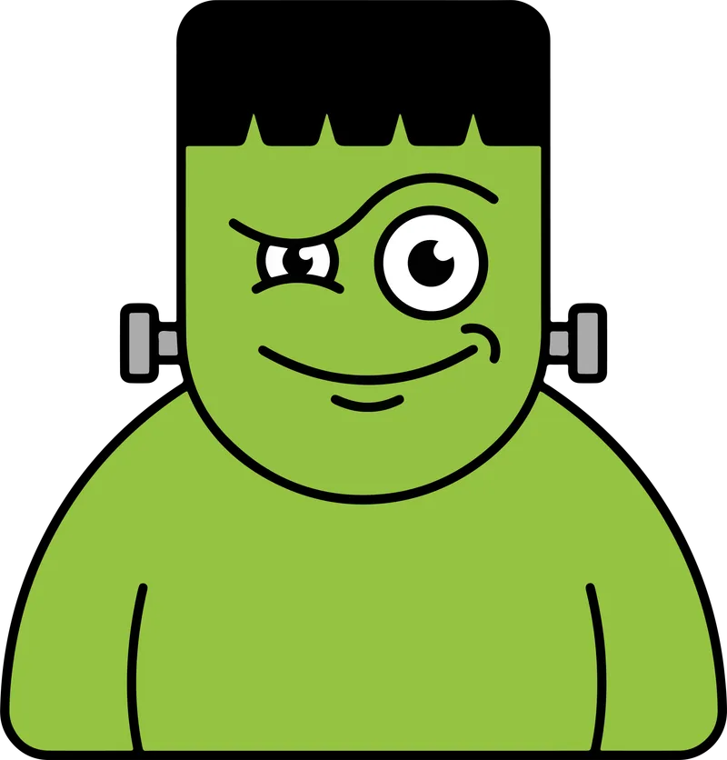 Bright green Frankenstein's monster with flat black hair, neck bolts and one wide eye with a smirk
