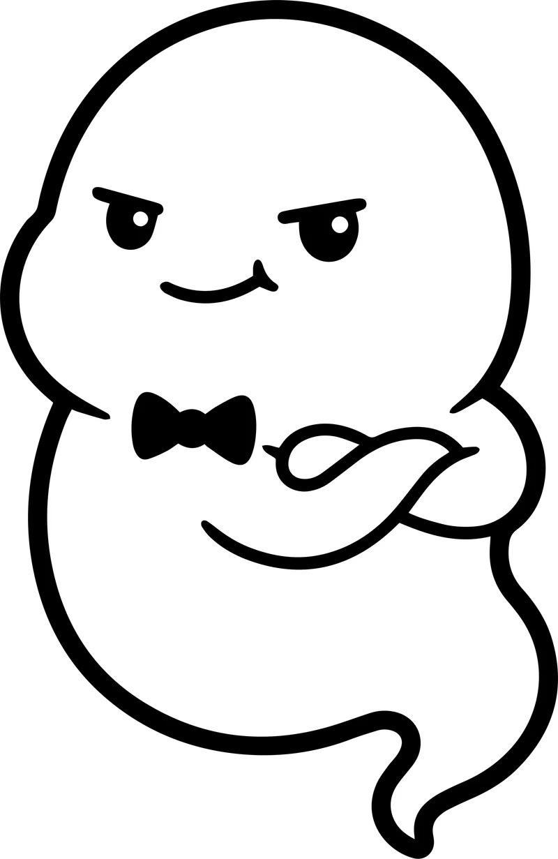 White cartoon ghost with a black bow tie, crossed arms and a smug raised eyebrow