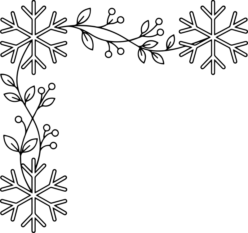 Line art of a corner border with snowflakes and a berry vine