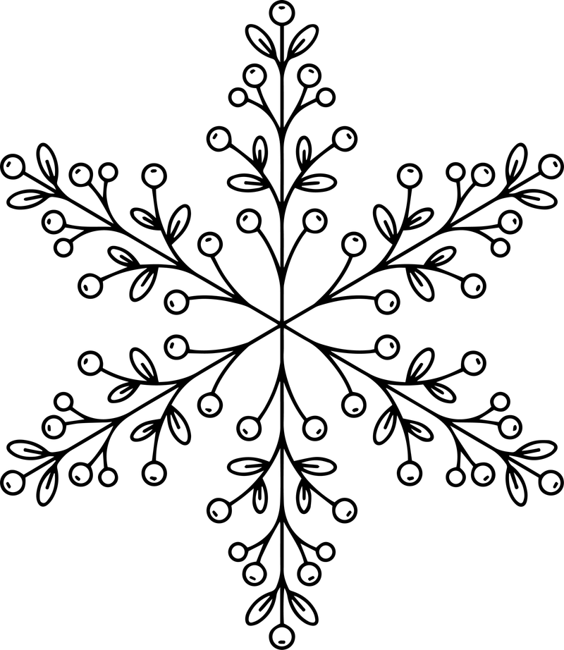 Line art of a snowflake with leaf stems and round berry dots
