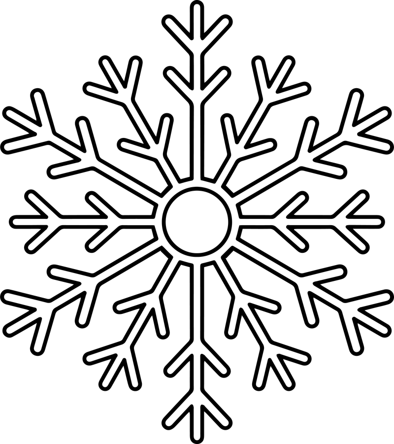 Line art of a snowflake with a round center and six forked arms