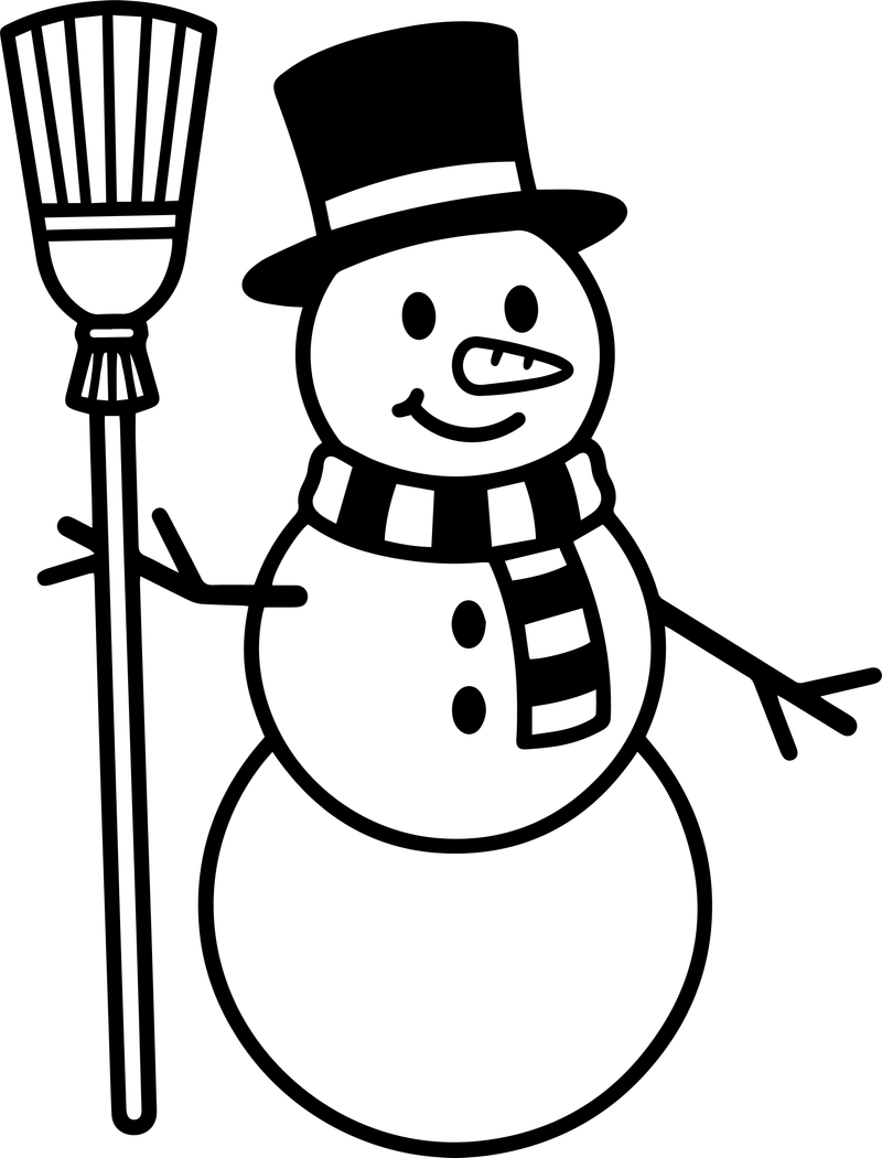 Line art of a snowman in a top hat holding a straw broom