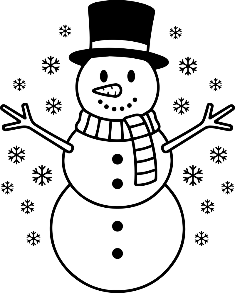 Line art of a snowman in a top hat surrounded by a ring of snowflakes