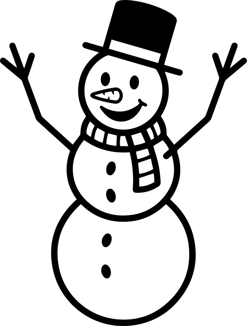 Line art of a smiling snowman with a black top hat and both arms raised