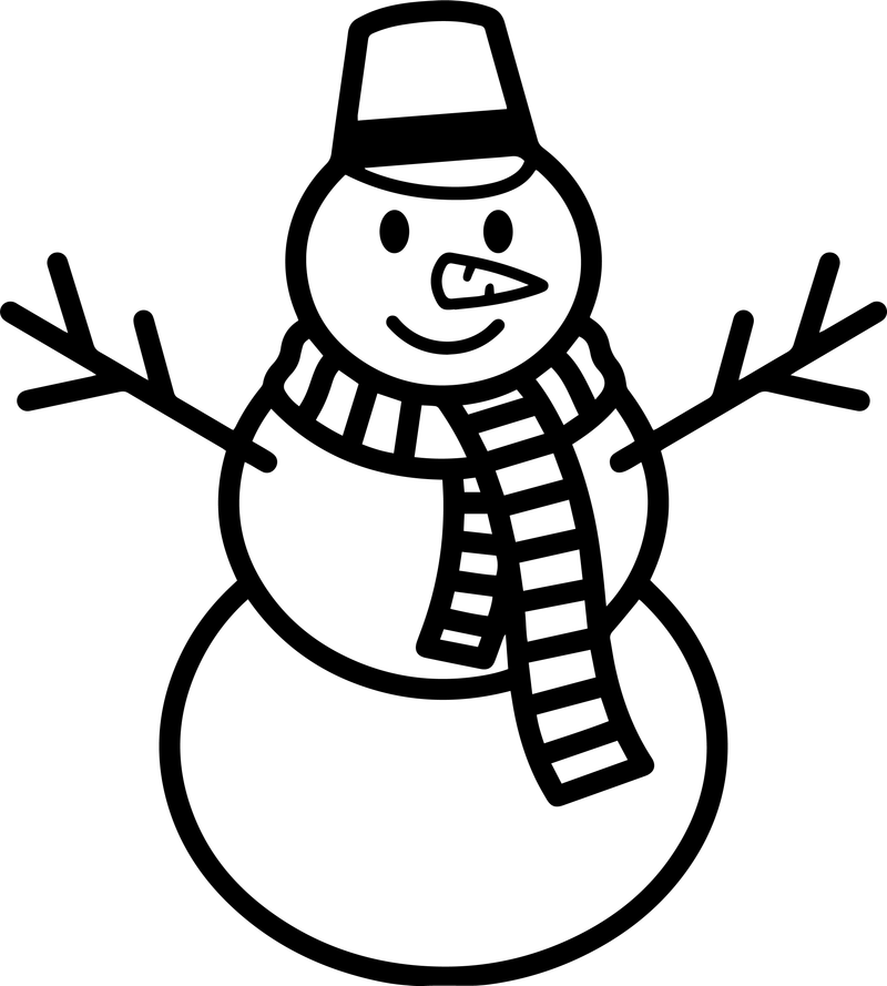Line art of a snowman with a bucket hat and a long striped scarf