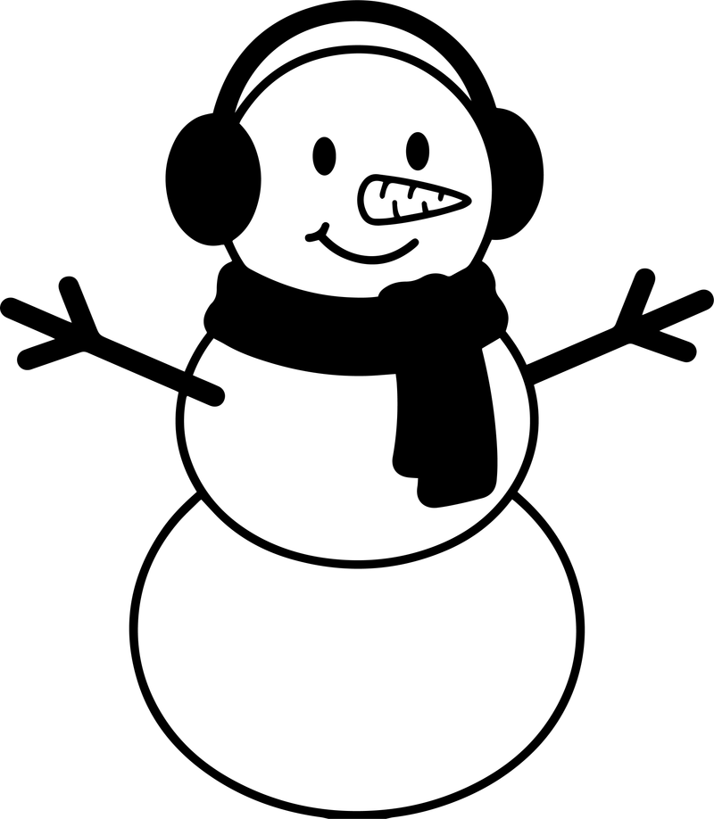 Line art of a snowman wearing earmuffs and a thick black scarf