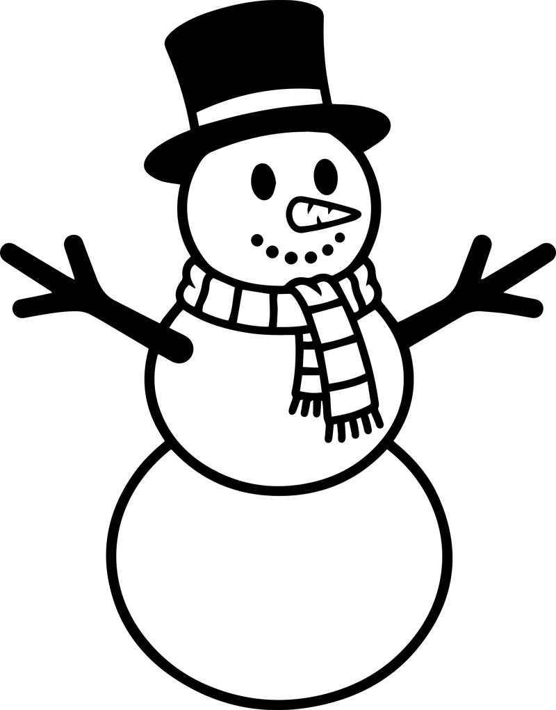 Line art of a snowman with a black top hat, coal dot smile and short scarf
