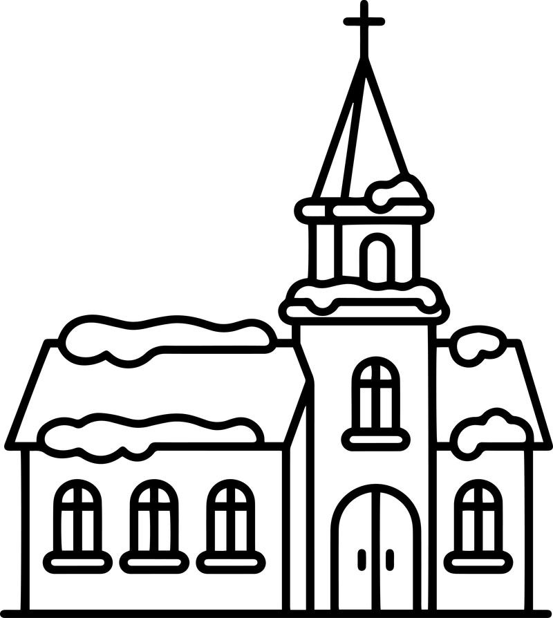 Black line art of a church with a tall steeple and cross and snow on the roofs