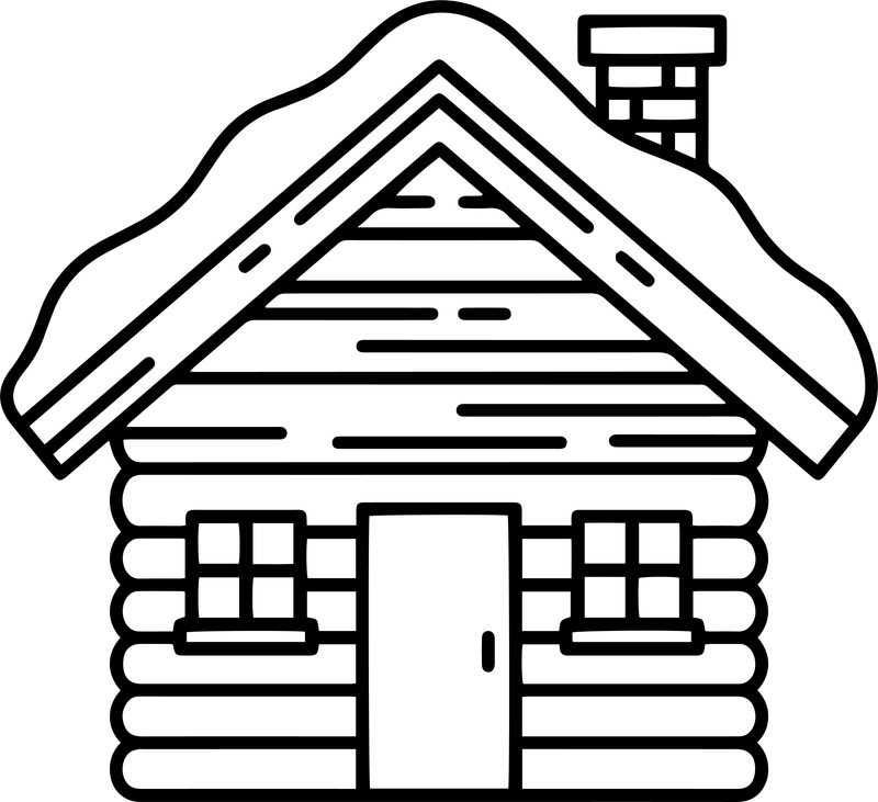 Black line art of a log cabin with a snow-covered roof, chimney, windows and a door