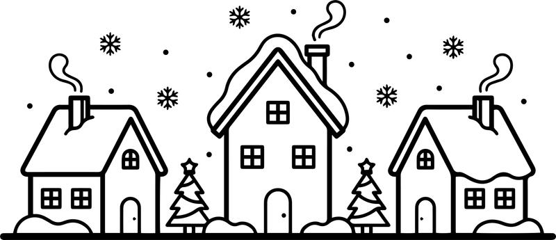 Line art of a snowy village with three houses, small trees and snowflakes