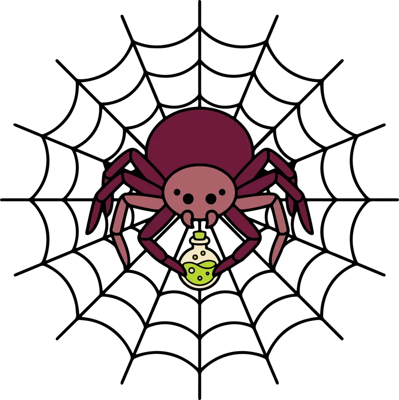 Maroon cartoon spider in a white web holding a small green potion bottle