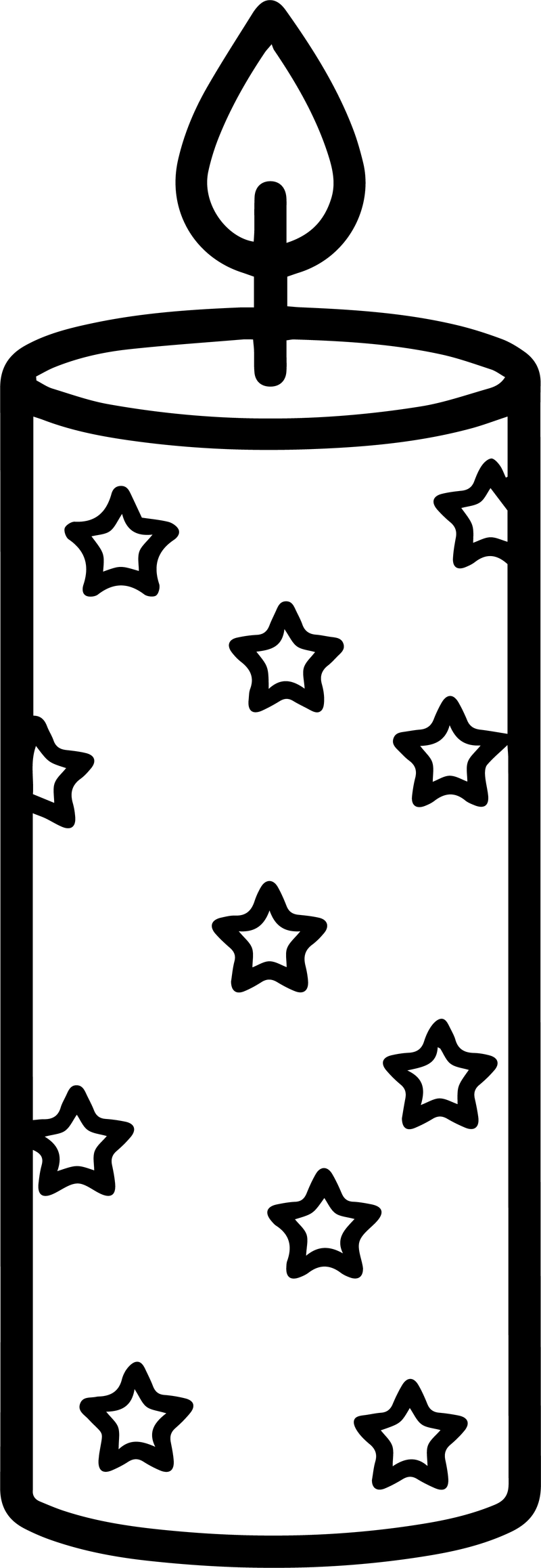 Black line art of a tall candle covered in small outlined stars with a flame on top