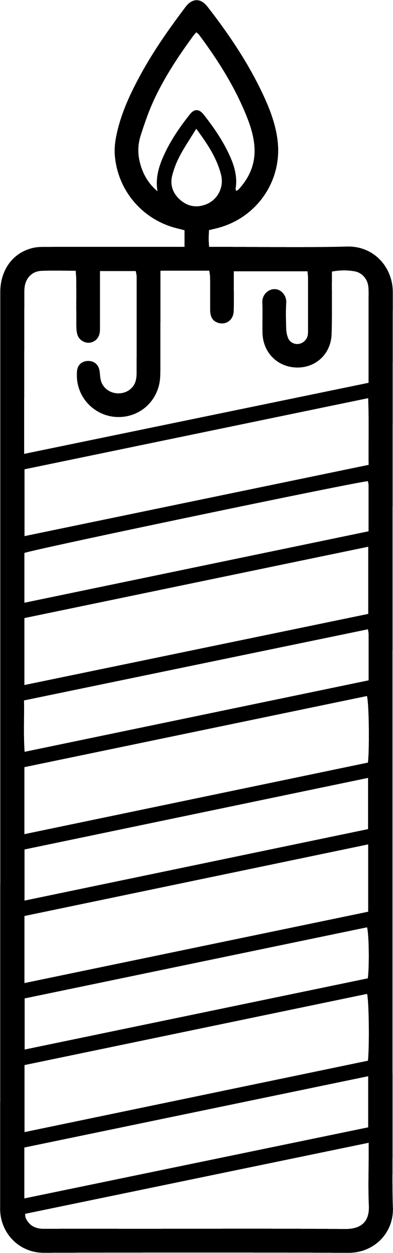 Black line art of a tall candle with diagonal stripes, wax drips and a flame