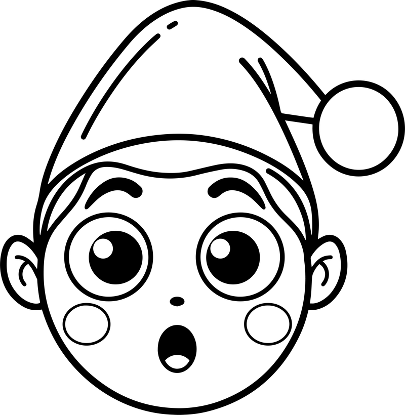 Black line art of a surprised elf face with a tall pointed hat and a round pom-pom