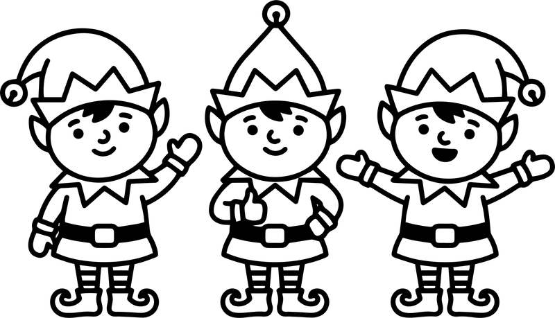 Line art of three small elves standing in a row and waving
