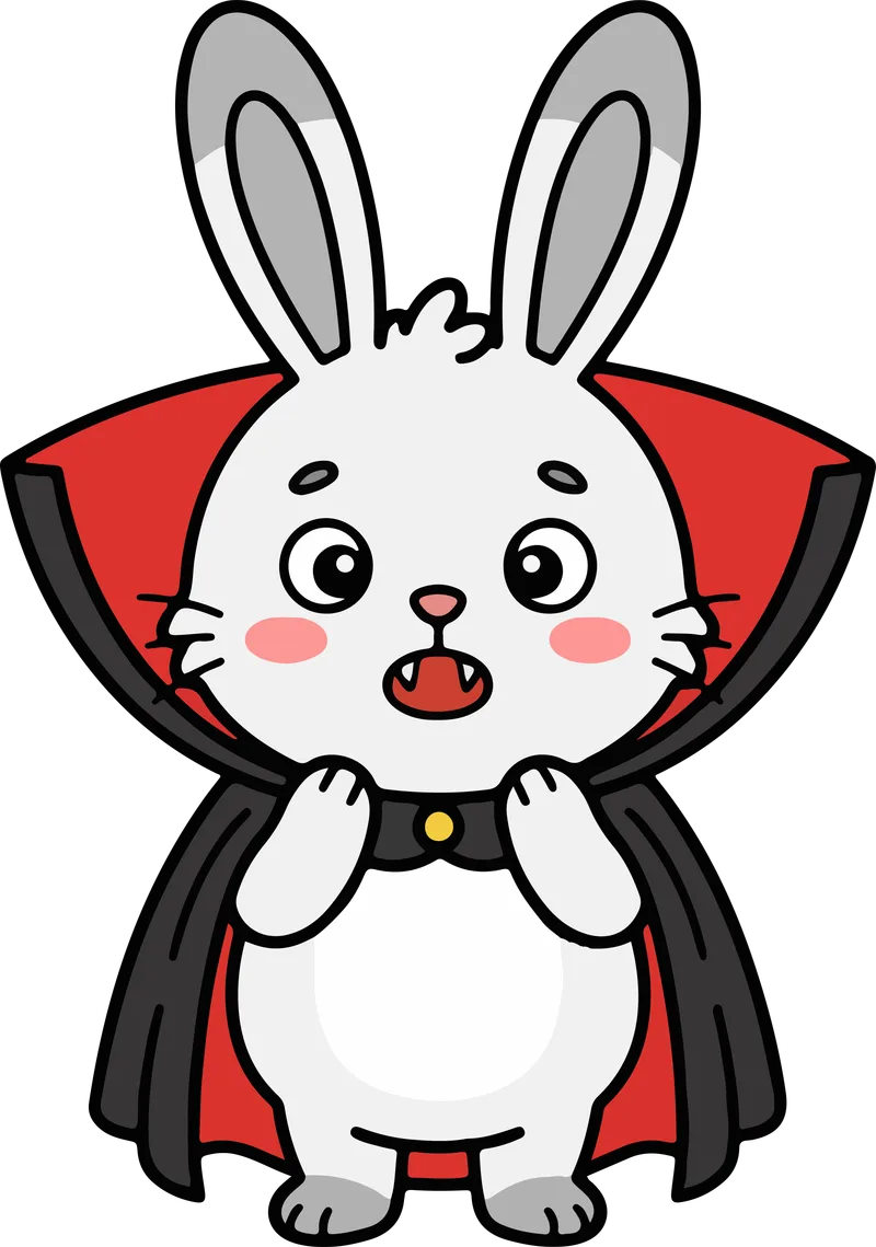 White bunny dressed as a vampire with tiny fangs, rosy cheeks and a red-lined black cape