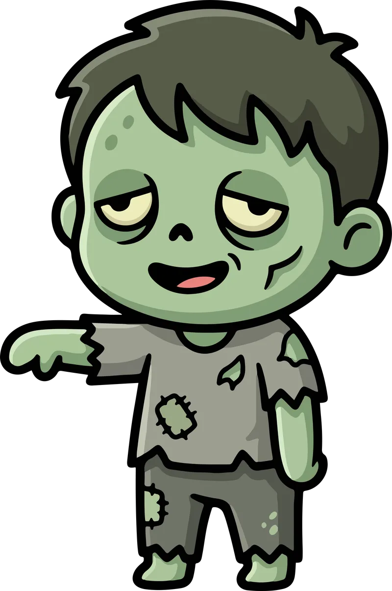 Cartoon zombie with green skin and tattered gray clothes walking with one arm stretched out