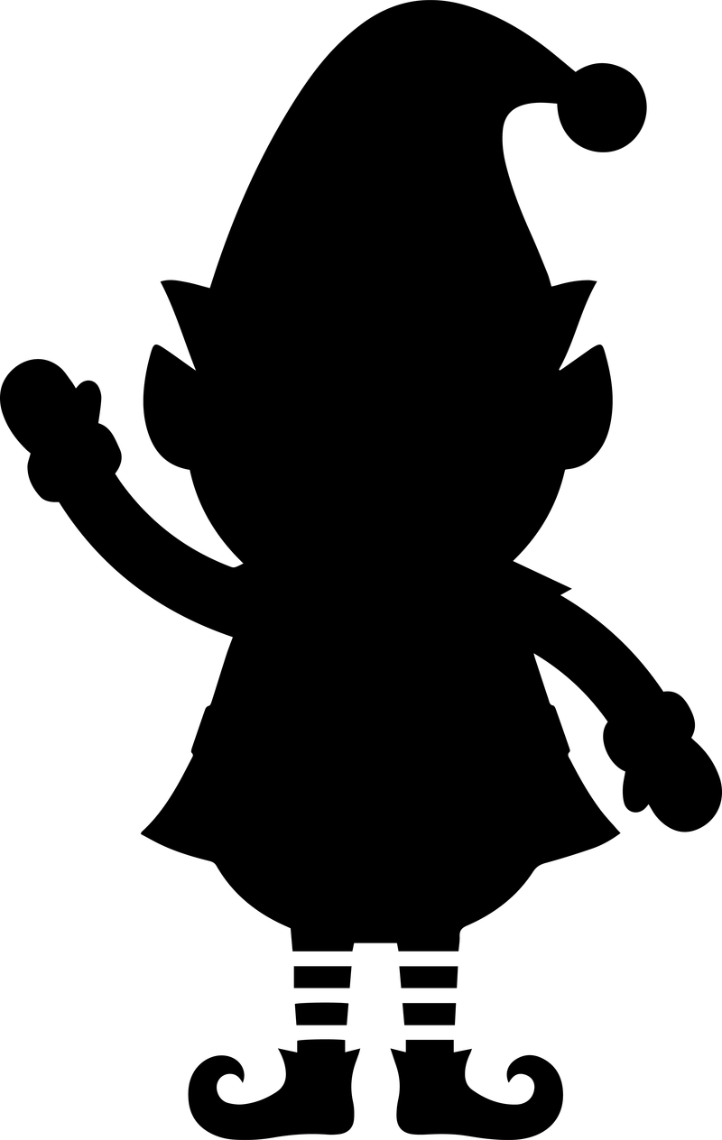Black silhouette of a waving elf with a long curved hat