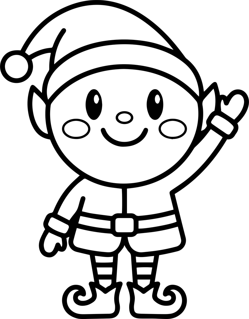 Line art of a smiling elf waving with one hand