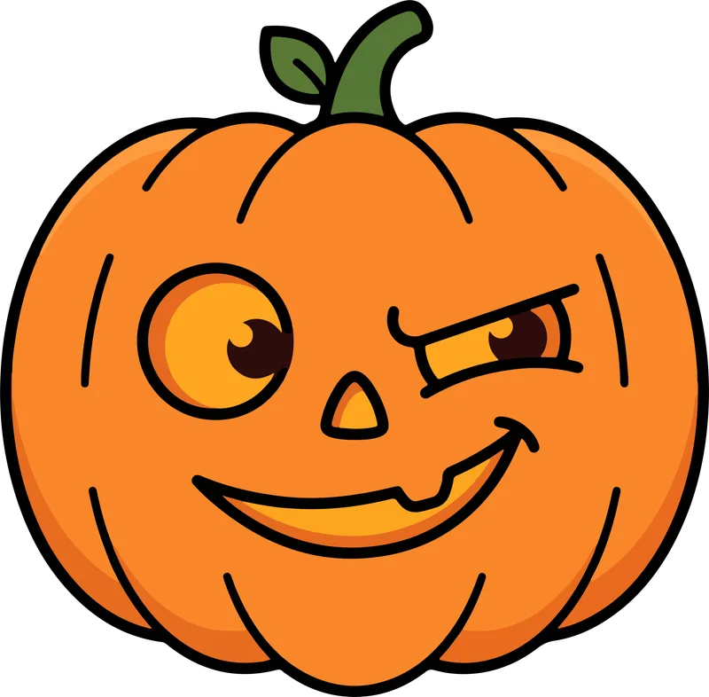 Orange jack-o'-lantern pumpkin winking with a sly grin and a curly green stem