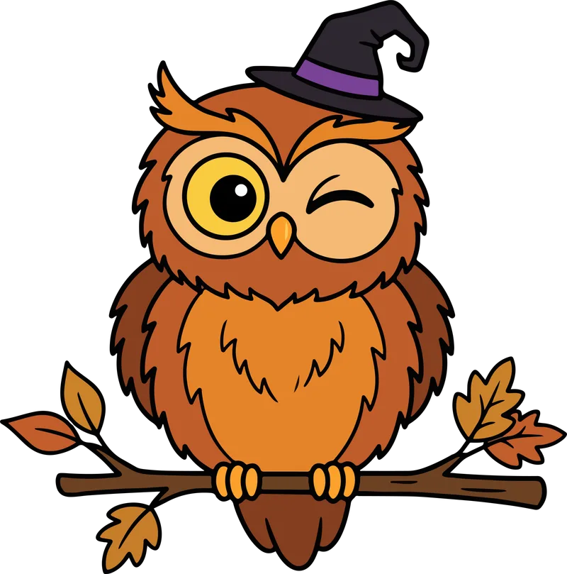 Brown owl winking while perched on a leafy autumn branch wearing a small dark witch hat with a purple band