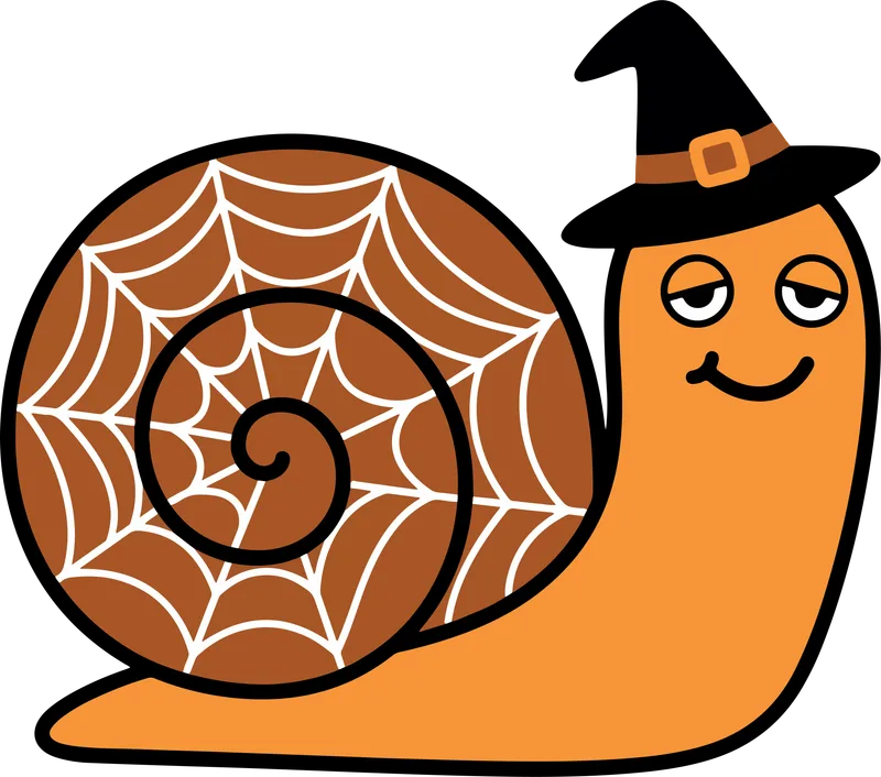 Orange snail in a black witch hat with a brown shell covered in a white spiderweb pattern