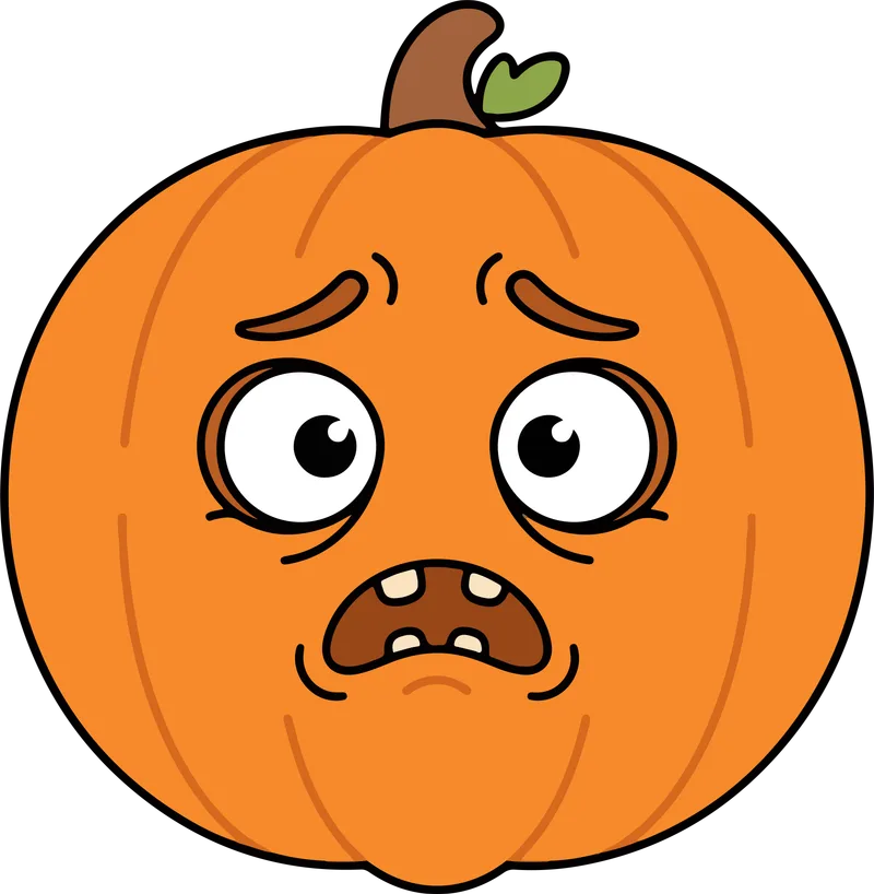 Round orange pumpkin with raised worried brows and an open mouth showing small teeth
