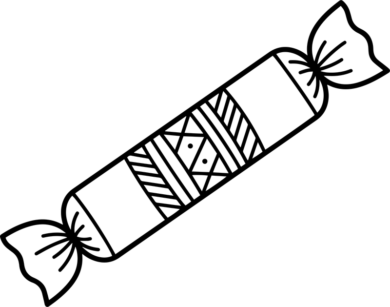 Black line art of a wrapped candy with twisted ends and a decorative patterned band