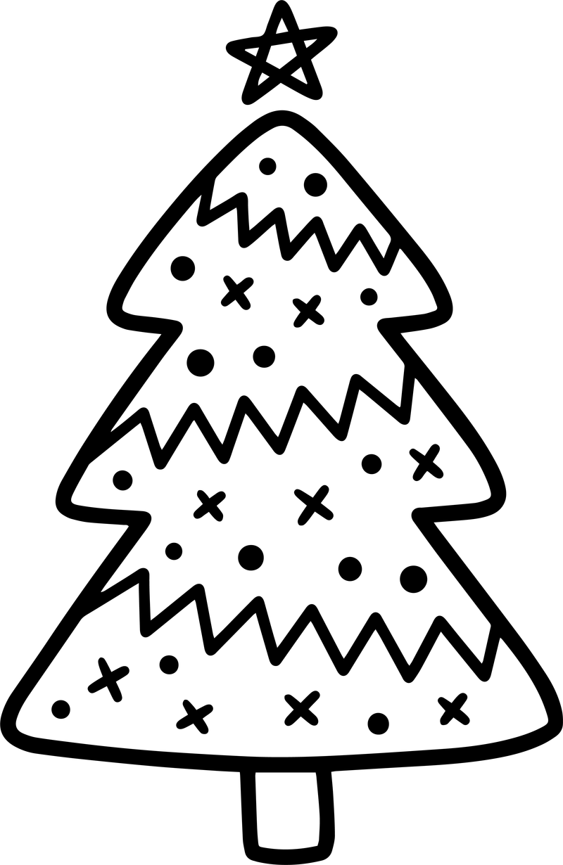 Line art of a Christmas tree with zigzag garland, cross ornaments and dots
