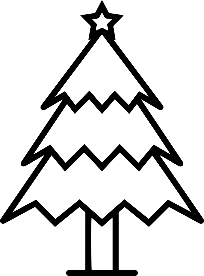 Line art of a Christmas tree with zigzag tier edges and a star