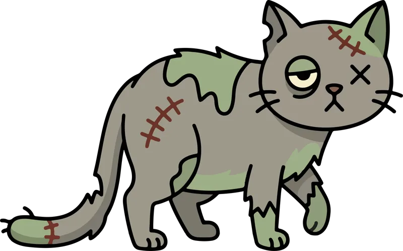 Gray zombie cat with an X eye, stitched seams and green patches of rotting fur