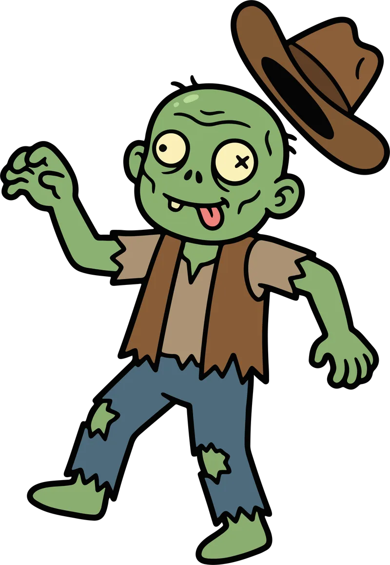 Goofy green zombie in a vest and torn jeans with an X eye, tongue out and a cowboy hat flying off