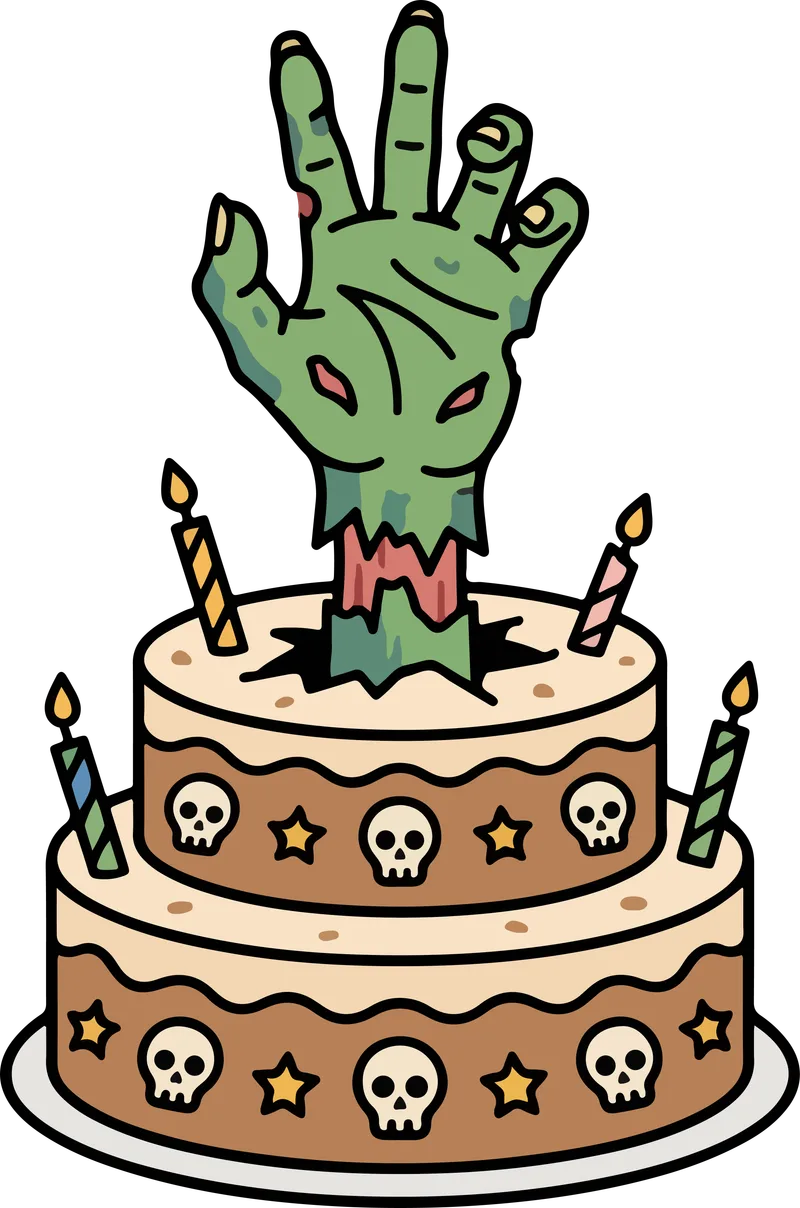 Two-tier cake with skull decorations and candles and a green zombie hand bursting out of the top