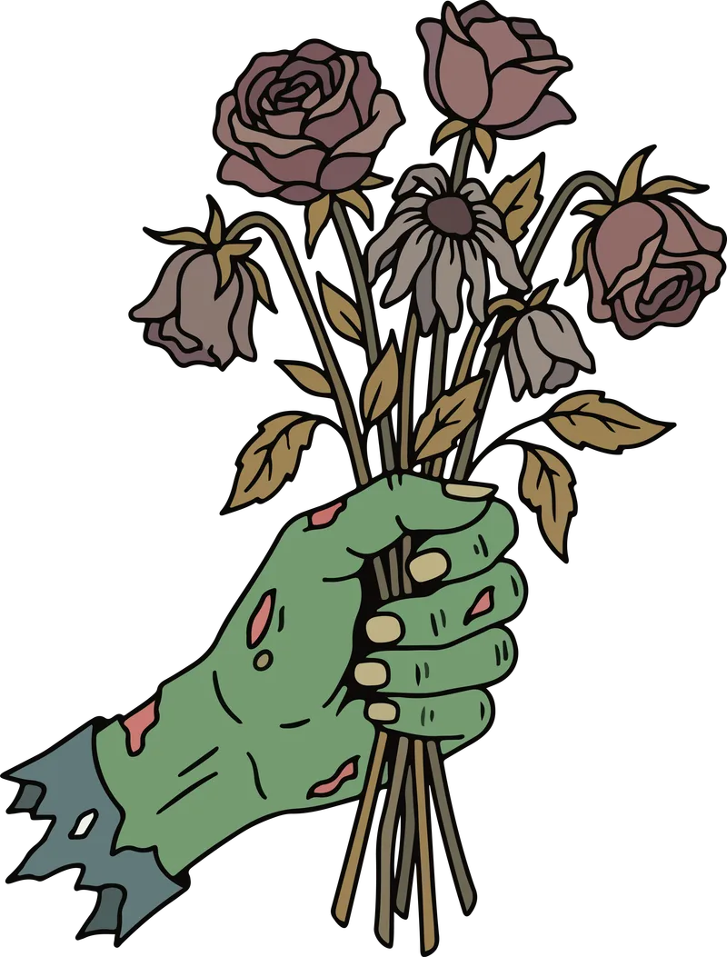 Green zombie hand in a torn sleeve holding a bouquet of wilted dried roses